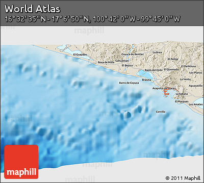 Shaded Relief 3D Map of the Area around 16° 49' 43" N, 100° 13' 29" W