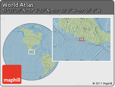 Savanna Style Location Map of the Area around 16° 49' 43" N, 100° 13' 29" W, hill shading