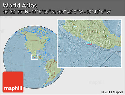 Savanna Style Location Map of the Area around 16° 49' 43" N, 100° 13' 29" W, hill shading