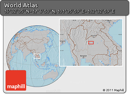 Gray Location Map of the Area around 16° 49' 43" N, 102° 4' 29" E, hill shading