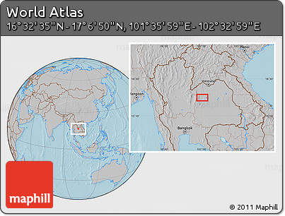 Gray Location Map of the Area around 16° 49' 43" N, 102° 4' 29" E, hill shading