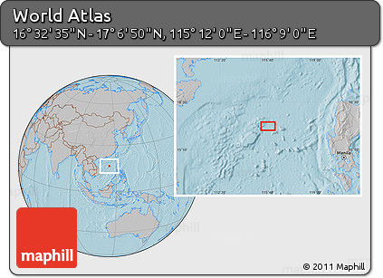 Gray Location Map of the Area around 16° 49' 43" N, 115° 40' 30" E, hill shading
