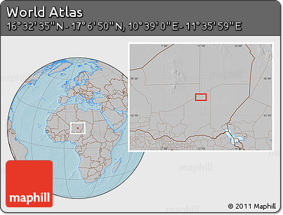 Gray Location Map of the Area around 16° 49' 43" N, 11° 7' 30" E, hill shading