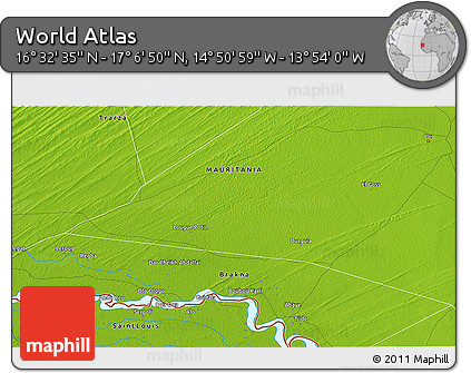 Physical 3D Map of the Area around 16° 49' 43" N, 14° 22' 30" W