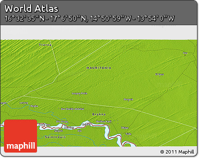Physical 3D Map of the Area around 16° 49' 43" N, 14° 22' 30" W