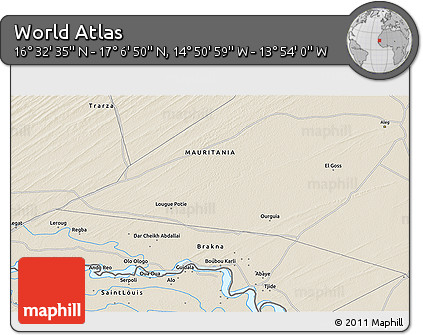 Shaded Relief 3D Map of the Area around 16° 49' 43" N, 14° 22' 30" W