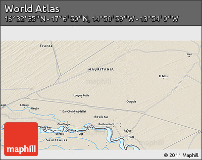 Shaded Relief 3D Map of the Area around 16° 49' 43" N, 14° 22' 30" W