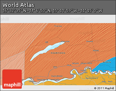 Political 3D Map of the Area around 16° 49' 43" N, 15° 13' 29" W