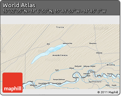 Shaded Relief 3D Map of the Area around 16° 49' 43" N, 15° 13' 29" W