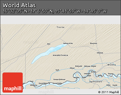 Shaded Relief 3D Map of the Area around 16° 49' 43" N, 15° 13' 29" W