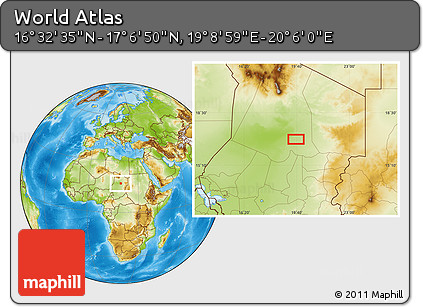 Physical Location Map of the Area around 16° 49' 43" N, 19° 37' 30" E