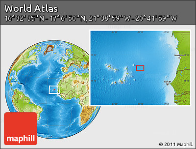 Physical Location Map of the Area around 16° 49' 43" N, 21° 10' 29" W