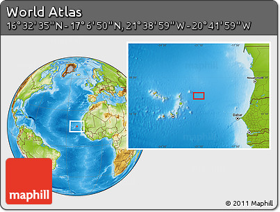 Physical Location Map of the Area around 16° 49' 43" N, 21° 10' 29" W