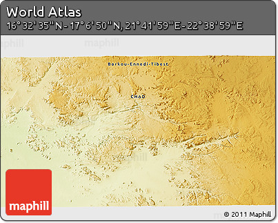 Physical 3D Map of the Area around 16° 49' 43" N, 22° 10' 29" E