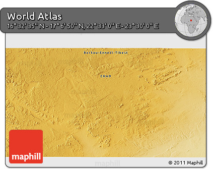 Physical 3D Map of the Area around 16° 49' 43" N, 23° 1' 29" E