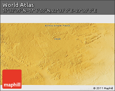 Physical 3D Map of the Area around 16° 49' 43" N, 23° 1' 29" E