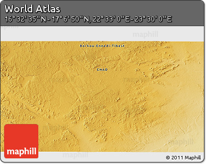 Physical 3D Map of the Area around 16° 49' 43" N, 23° 1' 29" E