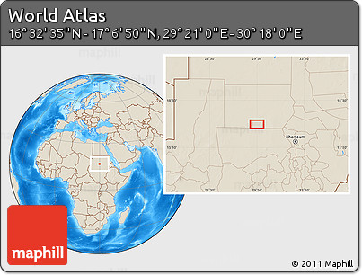 Shaded Relief Location Map of the Area around 16° 49' 43" N, 29° 49' 30" E
