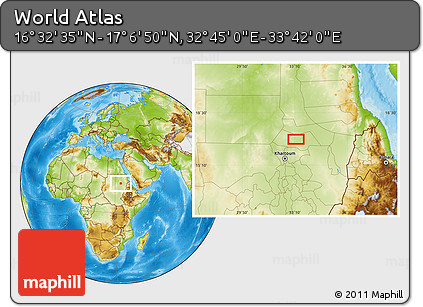 Physical Location Map of the Area around 16° 49' 43" N, 33° 13' 30" E
