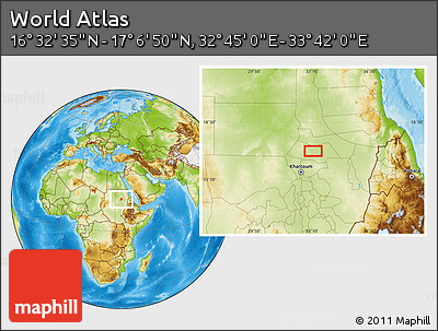 Physical Location Map of the Area around 16° 49' 43" N, 33° 13' 30" E