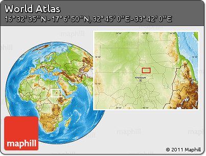 Physical Location Map of the Area around 16° 49' 43" N, 33° 13' 30" E