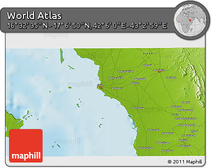 Physical 3D Map of the Area around 16° 49' 43" N, 42° 34' 30" E