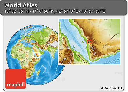 Physical Location Map of the Area around 16° 49' 43" N, 43° 25' 29" E