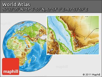 Physical Location Map of the Area around 16° 49' 43" N, 43° 25' 29" E
