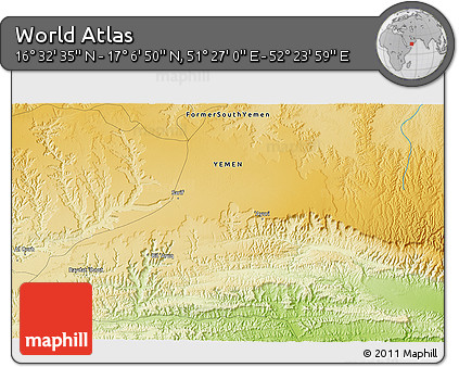 Physical 3D Map of the Area around 16° 49' 43" N, 51° 55' 29" E