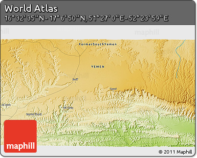 Physical 3D Map of the Area around 16° 49' 43" N, 51° 55' 29" E