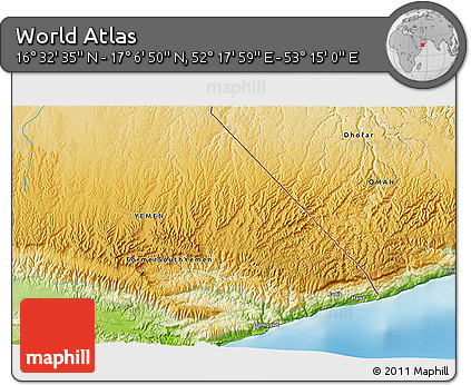 Physical 3D Map of the Area around 16° 49' 43" N, 52° 46' 29" E