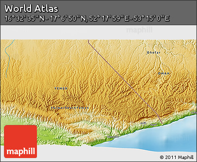 Physical 3D Map of the Area around 16° 49' 43" N, 52° 46' 29" E
