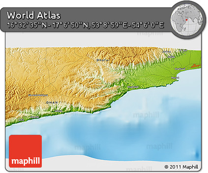 Physical 3D Map of the Area around 16° 49' 43" N, 53° 37' 30" E