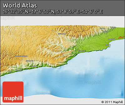Physical 3D Map of the Area around 16° 49' 43" N, 53° 37' 30" E