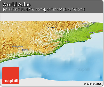 Physical 3D Map of the Area around 16° 49' 43" N, 53° 37' 30" E