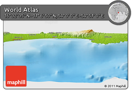 Physical Panoramic Map of the Area around 16° 49' 43" N, 54° 28' 30" E