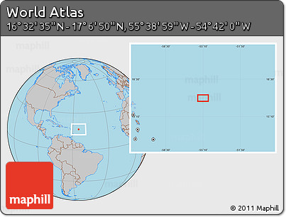 Gray Location Map of the Area around 16° 49' 43" N, 55° 10' 29" W