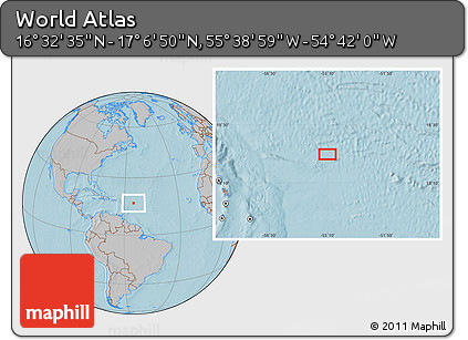 Gray Location Map of the Area around 16° 49' 43" N, 55° 10' 29" W, hill shading
