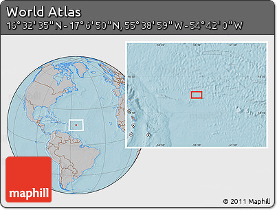 Gray Location Map of the Area around 16° 49' 43" N, 55° 10' 29" W, hill shading