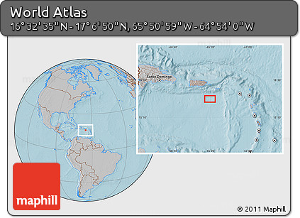 Gray Location Map of the Area around 16° 49' 43" N, 65° 22' 30" W, hill shading