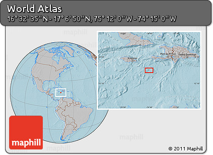 Gray Location Map of the Area around 16° 49' 43" N, 74° 43' 29" W, hill shading