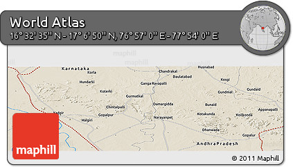 Shaded Relief Panoramic Map of the Area around 16° 49' 43" N, 77° 25' 30" E