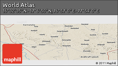 Shaded Relief Panoramic Map of the Area around 16° 49' 43" N, 77° 25' 30" E