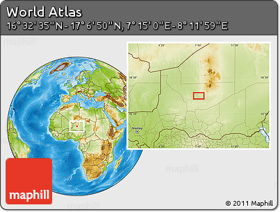 Physical Location Map of the Area around 16° 49' 43" N, 7° 43' 29" E