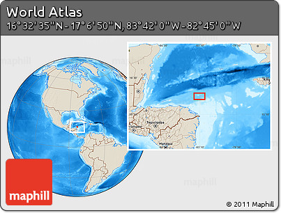 Shaded Relief Location Map of the Area around 16° 49' 43" N, 83° 13' 29" W