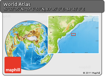 Physical Location Map of the Area around 16° 49' 43" N, 84° 13' 29" E