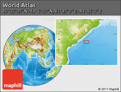 Physical Location Map of the Area around 16° 49' 43" N, 84° 13' 29" E
