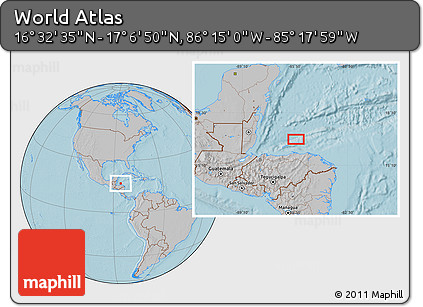Gray Location Map of the Area around 16° 49' 43" N, 85° 46' 30" W, hill shading