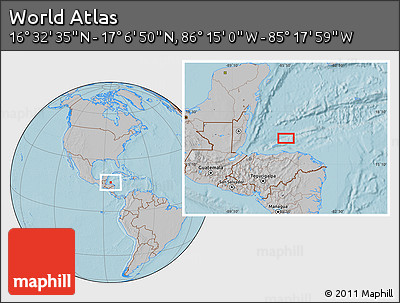 Gray Location Map of the Area around 16° 49' 43" N, 85° 46' 30" W, hill shading