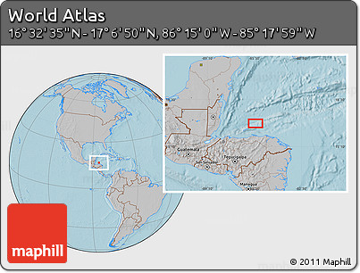 Gray Location Map of the Area around 16° 49' 43" N, 85° 46' 30" W, hill shading